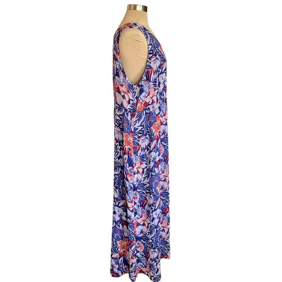 Blue Red Floral Reversible Chiffon Maxi Dress Sleeveless Size 1X Summer Vacation - Picture 6 of 10